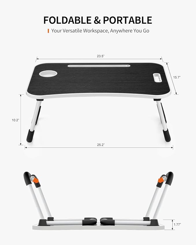 FISYOD Foldable Laptop Table, Portable Lap Desk Bed Table Tray, Laptop Stand with Cup Holder & Tablet Slot & Lifting Handle for Working Writing Drawing & Eating (Black)