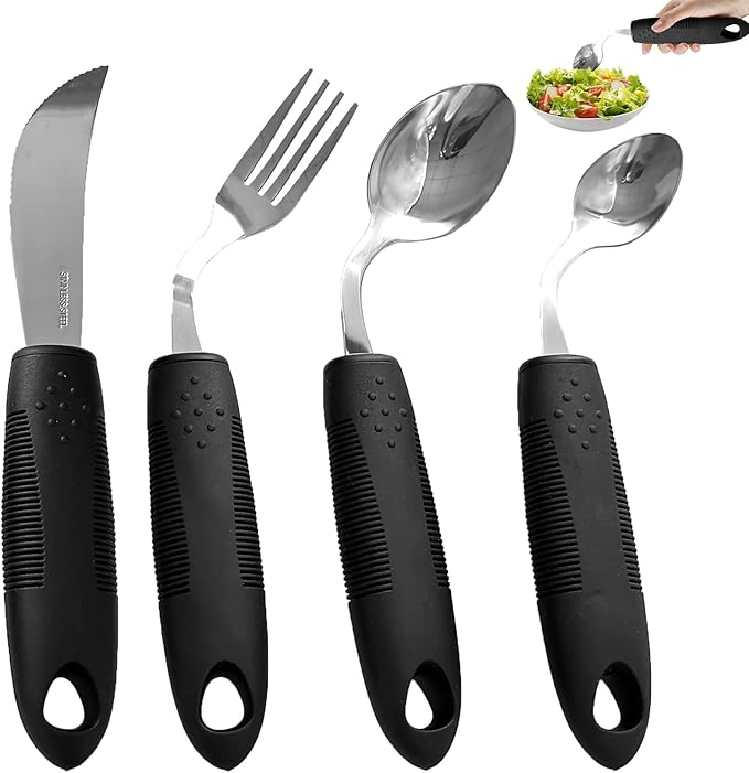 Xmas Gift Pick, 4Pcs Weighted Adaptive Utensils, 45°Angled Built up Utensils Set for Hand Tremors, 3.5oz Parkinsons Utensils for Elderly, Weighted Spoon Hand Tremors (Left-Handed)