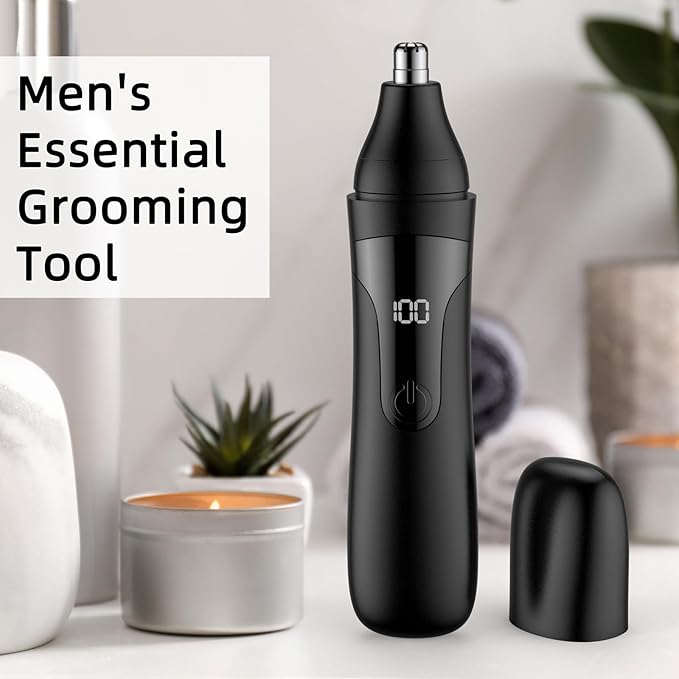 Nose Hair Trimmer, Rechargeable Professional Painless Nose Trimmer for Ear and Eyebrow, with Dual Edge Blades Easy Cleaning and Washing (Black)