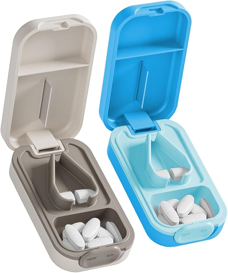 Pill Cutter Splitter for Small or Large Pills with Safety Lock - Accurate and Easy Travel-Friendly Design for Daily Use (Pink+Blue)