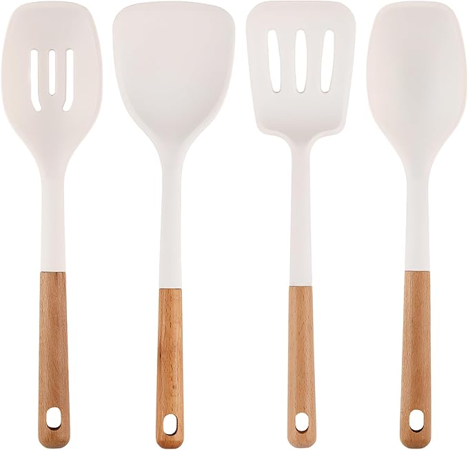 Silicone Kitchen Utensils Set of 4, Large Non-Stick Cooking Utensil Set w Wooden Handle Food Grade Heat Resistance Turner Spoon Silicone Cooking Kitchen Gadgets BPA Free for Nonstick Cookware