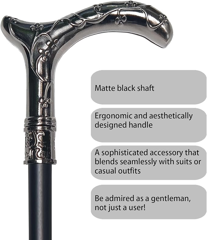 Walking Cane for Men & Women - Heavy Duty 500+ lbs Capacity, Gothic Decorative Ornate Metal Cane with Ergonomic Handle, Black & Silver Design Walking Stick for Senior