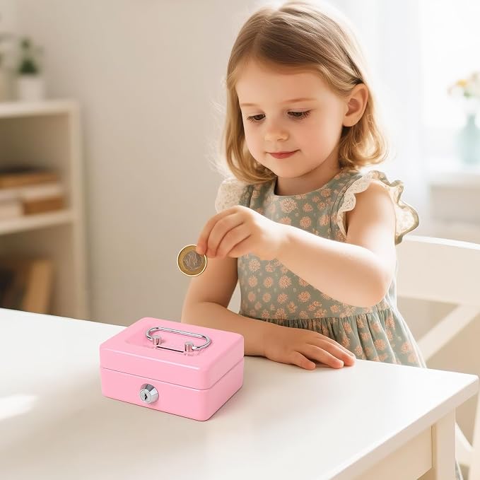 Jssmst Small Cash Box with Lock and Slot, Metal Coin Piggy Bank for Adults and Kids, Pink Locking Money Box