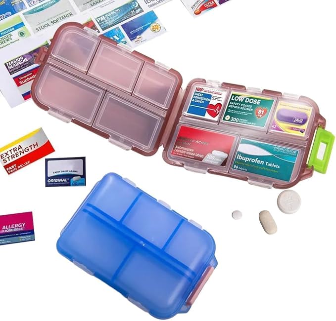 Pill Organizer with Medicine Labels Travel Daily Pill Container Mini Medication Organizer Storage Pill Organizer Travel Essentials Pill Case 7 Day (Grey & 161 Lables)