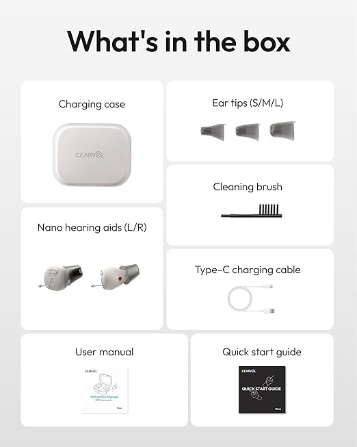 Nano Case Control OTC Hearing Aids Rechargeable, 3 Hearing Programs Feedback Cancellation Noise Reduction 54 Hours Battery Comfort-Fit ITC Design, Starlight Color