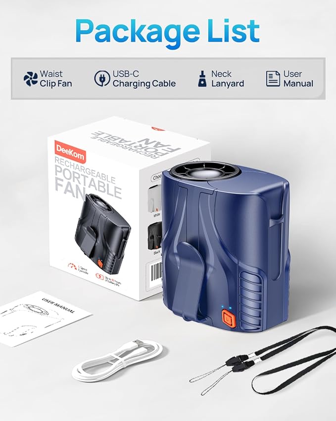 Portable Personal Waist Fan& Neck Fan, 14000RPM Brushless Motor, 40H Runtime Rechargeable, 6-Speed Quiet Operation, Clip-On Personal Body Cooling for Camping/Worksites/Outdoor