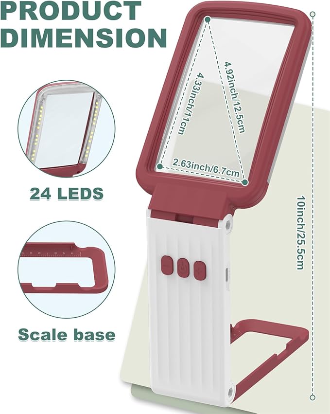 15X Magnifying Glass with Light and Stand, Rechargeable Folding Handheld Real Glass Magnifier, 3 Color Modes Dimmable Lighted Page Magnifying Sheet for Seniors Low Vision Small Prints - Red White