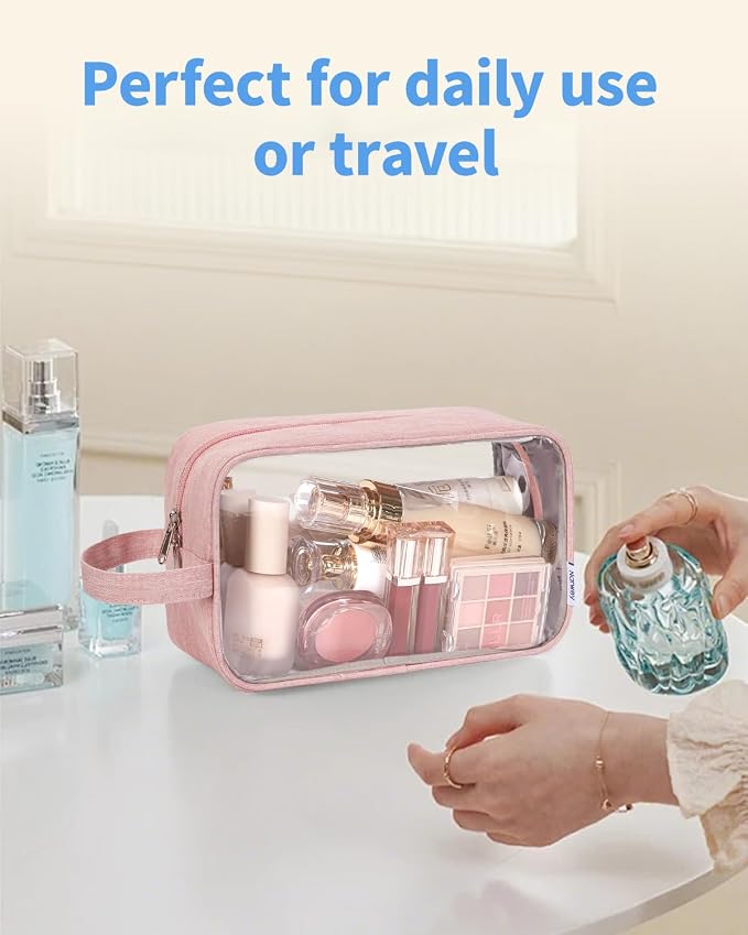 Narwey Clear Travel Toiletry Bags for Traveling Toiletries Men Women, Clear Makeup Bag Cosmetic Bag with Zipper, Make Up Pouch Organizer Bag with Handle, Skincare Beach Snack Medicine Bag, Pink
