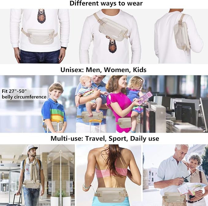 Travel Money Belt Hidden Waist Stash Wallet RFID Blocking Anti-Theft Passport Holder for Men Women, Cream
