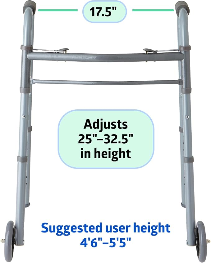Medline Lightweight Junior/Lower Height Folding Walker with 5” Wheels