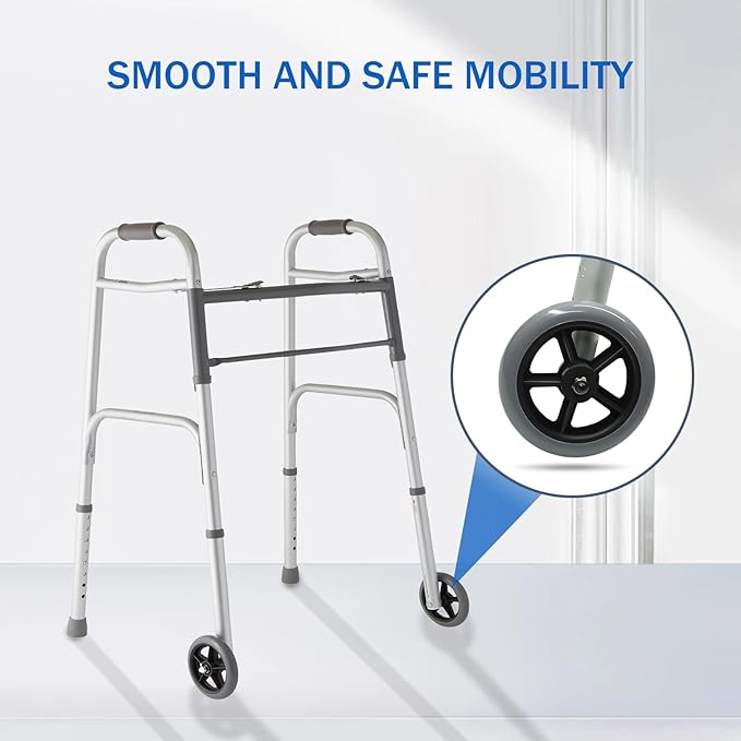 Walker Wheels Replacement - 5 Inch Wheels for Walkers for Seniors | 1 Pair Walker Wheels for Walkers with 1 Inch Tube Diameter, Walker Feet Accessories (Grey)