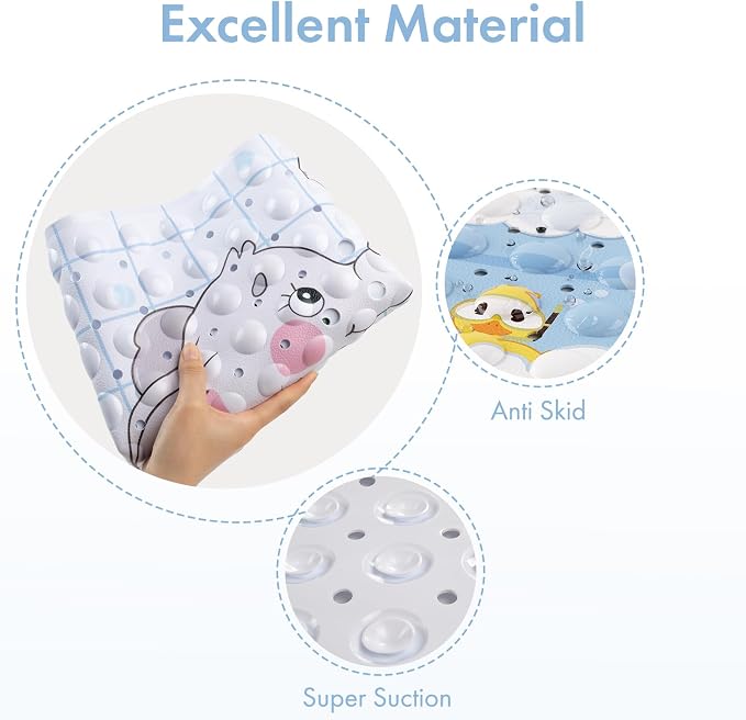 AmazerBath Baby Bath Mat Non Slip, Cartoon Kids Bath Mat for Tub 40 x 16 Inches Full Size, Non Slip Bathtub Mat with Suction Cups and Drain Holes, Shower Stall Mats - Elephant