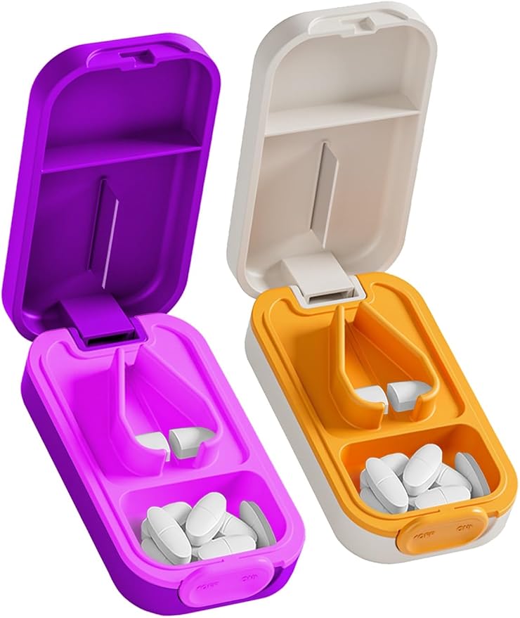 Pill Cutter Splitter for Small or Large Pills with Safety Lock - Accurate and Easy Travel-Friendly Design for Daily Use (Purple+Blue)