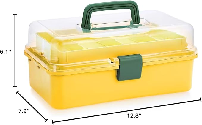 BTSKY 3-Layer Plastic Dividing Storage Box Craft Organizer with Adjustable Spacers Portable Handled Art Supply Organizer Multipurpose Home Utility Box for Sewing (Yellow+Green)