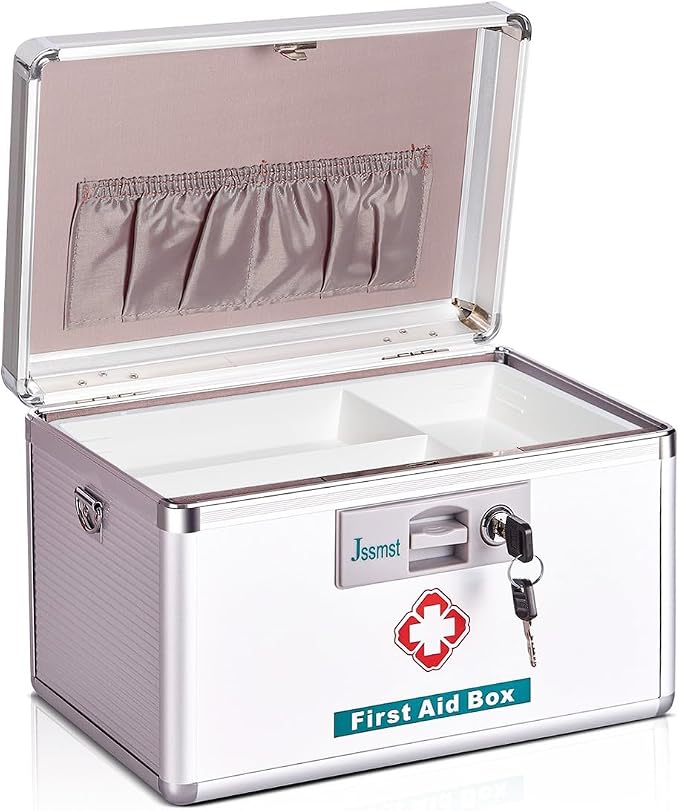 Jssmst Medication Lock Box with Key, Medicine Lock Box for Medication Storage, First Aid Box Locked Medicine Case, Key Safe Locking Box for Drugs Use, 12 x 7.4 x 8.1 inches, Silver