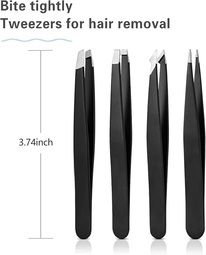 Derlaier Tweezers Set Professional High Precision Stainless Steel Eyebrow Remover Ingrown Hair & Splinter Removal Kit Facial Hair Grooming Tools for Men Women Black 4 Pcs
