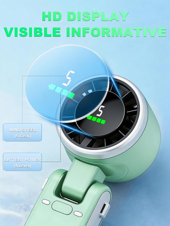 Portable Handheld Turbo Fan, 5 Gear Wind, Battery Operated, Up to 13 Working Hours Rechargeable Fan, 3 IN 1 Hand Fans with Air Turbo Tech Cooling Fan for for Travel, Beach, Outdoor - Green