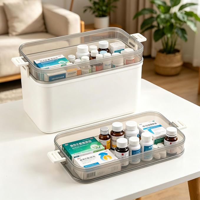 BUYGOO 3-Tier Medicine Cabinet Organizer, Medicine Organizer Box, Portable Medicine Storage Box with Handle, Pill Bottle Organizer Storage, Empty First Aid Kit Container for Home, Travel