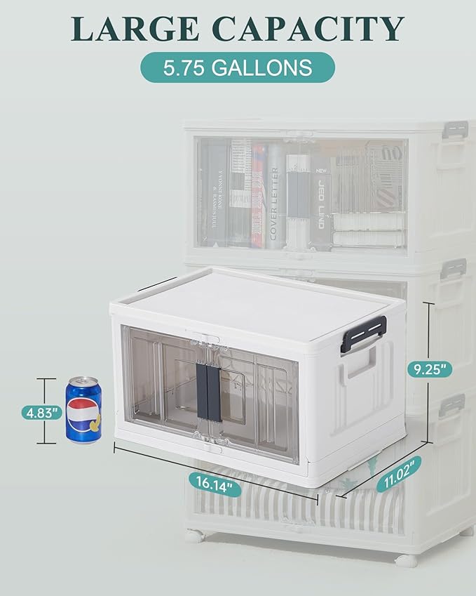 OlarHike 23QT Stackable Storage Bins with Lids - Folding Storage Box with Doors and Wheels, Collapsible Plastic Storage Bins for Closets and Organization, Bathroom, Gifts, 3 Pack Cubes
