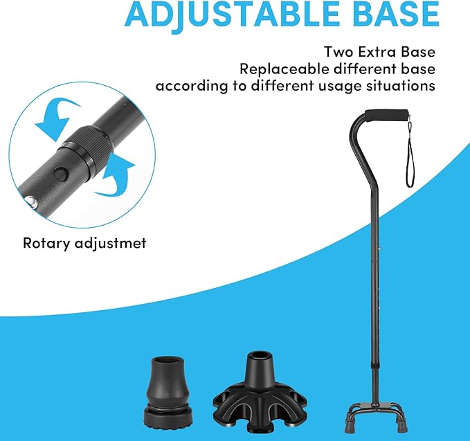 Adjustable Walking Cane for Women & Men with 4-Pronged Base for Extra Stability, Foam Padded Offset Handle for Soft Grip, Foldable Cane for Seniors for Stability with 3 Different Cane Tips