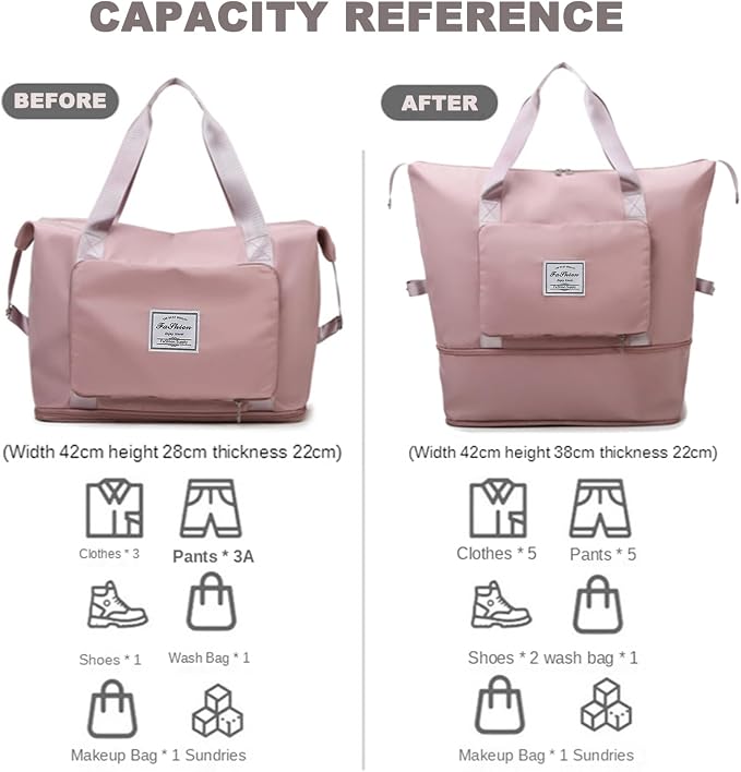 Large Capacity Folding Travel Bag, Lightweight Waterproof Luggage Bag, Expandable Travel Duffel Bag, Dry Wet Separated Gym Tote Bag, Weekender Overnight Bags for Women and Man (Pink)