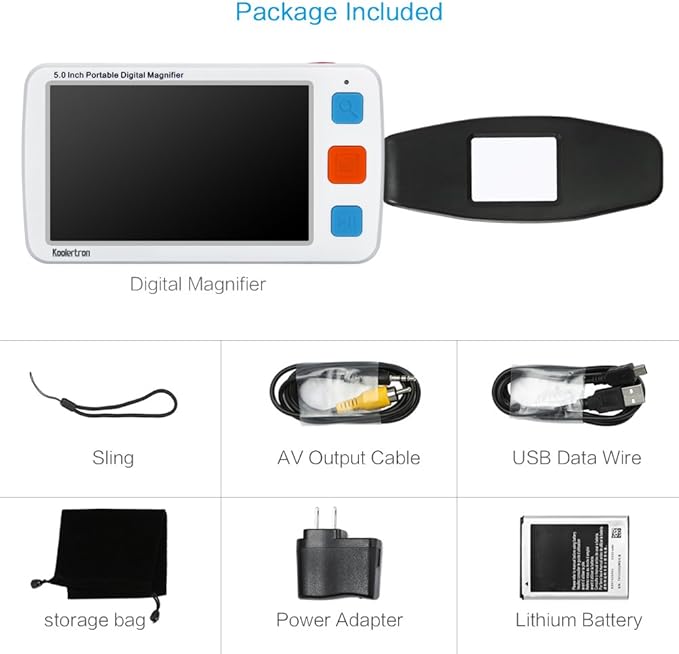 Koolertron 5 inch Digital Video Magnifier, Handheld Portable Electronic Reading Aid Support AV Output to TV with 4X/8X/16X/24X/32X Zoom Multiple 17 Kinds Color Mode, Rechargeable Battery Powered,etc