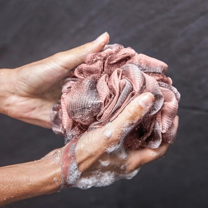 Toem® Loofah Back Scrubber for Shower | Bamboo Charcoal | Long Handle | Luffa & loofa for men & women | Bath sponge | Kit: long-handled scrubber + pouf + hook | Body wash scrub stick | Rose Pink