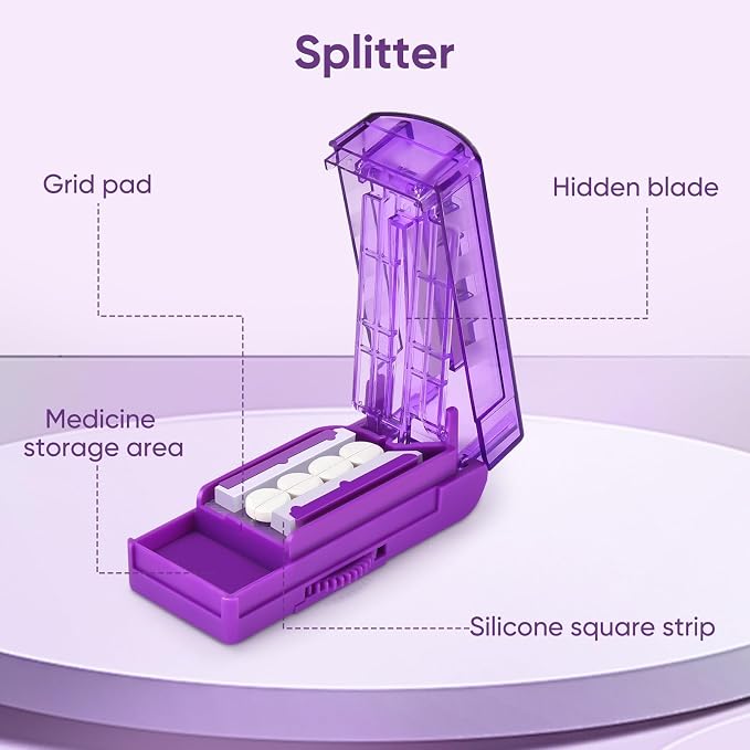 Multiple Pill Cutter for Small or Large Pills, Adjustable Pill Splitter for Multi Tablets, Stainless Steel Cutting Blade and Blade Guard (Purple)