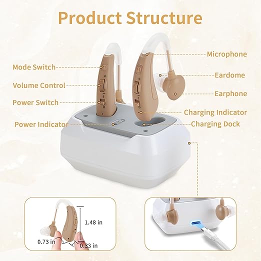 Hearing Aids For Seniors - Rechargeable Hearing Amplifier For Seniors Noise Reduction,4 Modes,Adjustable Volume, Comfort Design and Nearly Invisible,Behind The Ear,With Charging case(Khaki)