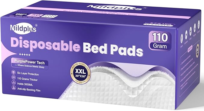 110 Grams Heavy Duty Bed Pads 30''X36'', 50 Count MILDPLUS Purple Disposable Underpads with Anti-Slip Film, Extra Large Chucks Pads, 3X Thicker Incontinence Pads for Adults, Kids or Pet