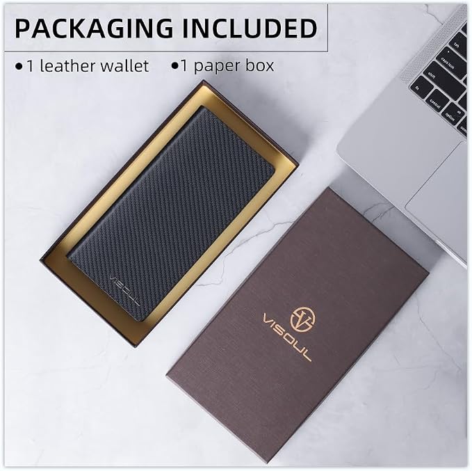 VISOUL Leather Checkbook Cover Wallet for Men with RFID Blocking, Mens Long Bifold Cash Tall Wallet with 11 Credit Card Slots 1 ID Window (Black+Tan)