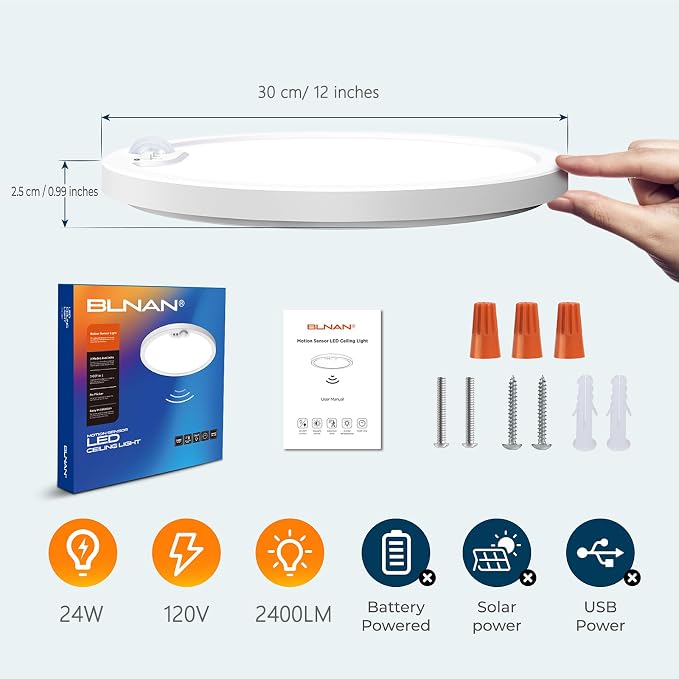 Motion Sensor Ceiling Light Wired, 12 Inch 3000K 4000K 5000K Selectable LED Flush Mount Light Fixture, Motion Activated Light with Timer for Hallway Stair Walk-in Closet, Non-Dimmable