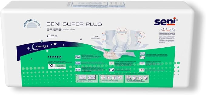 Seni Super Plus Unisex Adult Incontinence Briefs with tabs, Size XL (55"-67"), 75 Count (3 Packs of 25), Heavy to Severe Absorbency, Disposable Overnight Brief for Men & Women