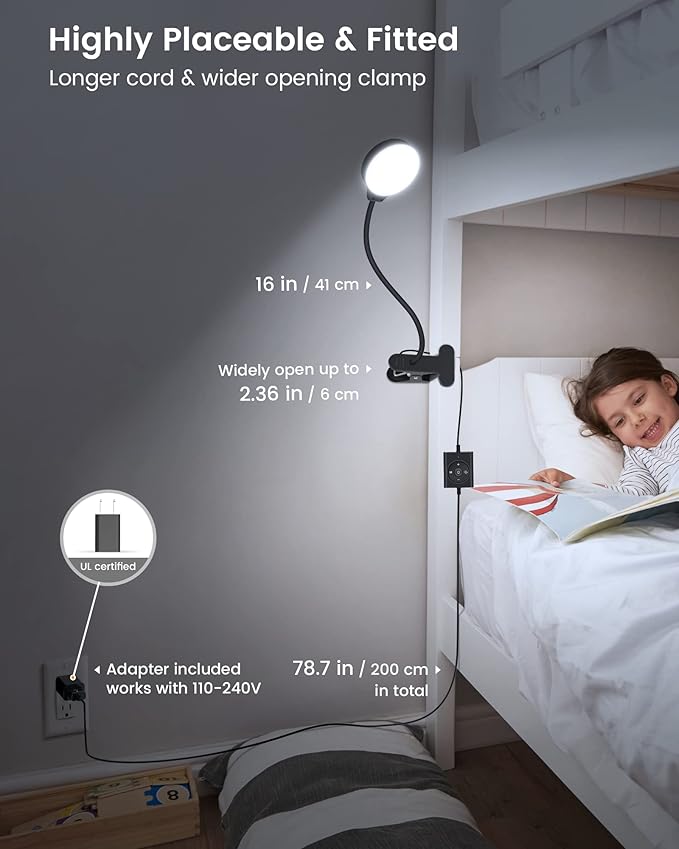 Glocusent 5W 36 LED Reading Clip on Light for Bed, Eye Caring Bed Lamp, 3 Colors & 5 Brightness Levels for Headboard with Adapter, Perfect for Reading, Working & Studying (Black)