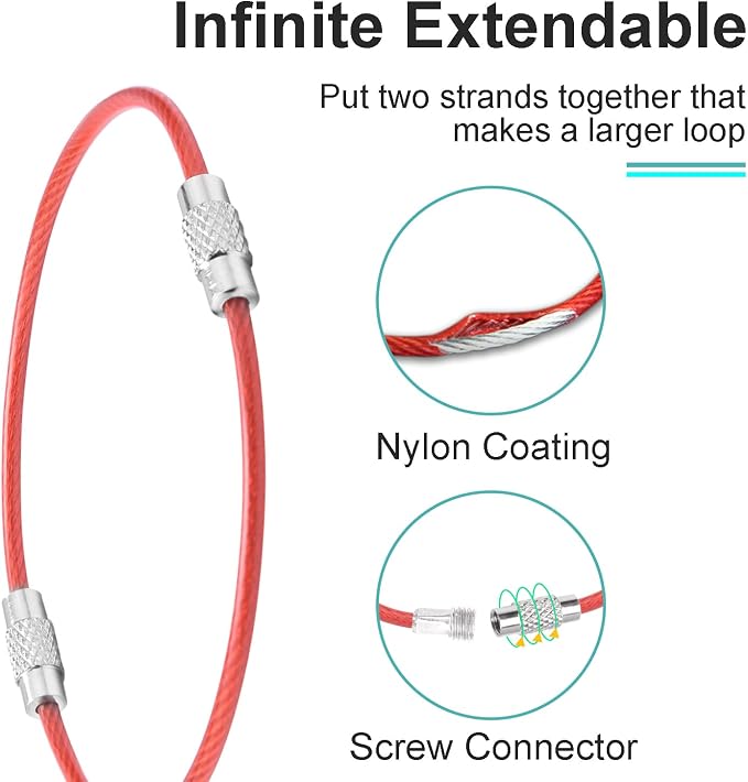CooBigo 25 Pack Cable Key Ring 4 Inch Luggage Tag Loops Wire Key Chain Cable 2mm Key rings for Car Keys Wire Keychain Dog Tag Ring - Red