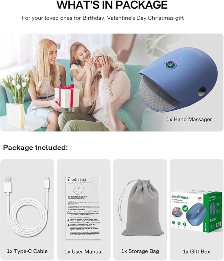 Medisana Hand Massager with Heat and Compression, Cordless Hand Massager for Arthritis and Carpal Tunnel Relief, Knuckle Stretching Massage, Birthday Christmas Gifts for Men Women Dad Mom-Blue