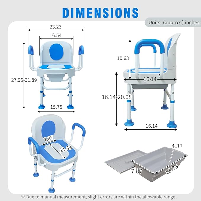 Lumizone Portable Toilet Chair for Elderly Adjustable Bedside Commode with Armrests & Sliding Bucket 5-Level Height Odor-Proof Double Lid Non-Slip Feet Supports 220 lbs, Lightweight for Home/Travel