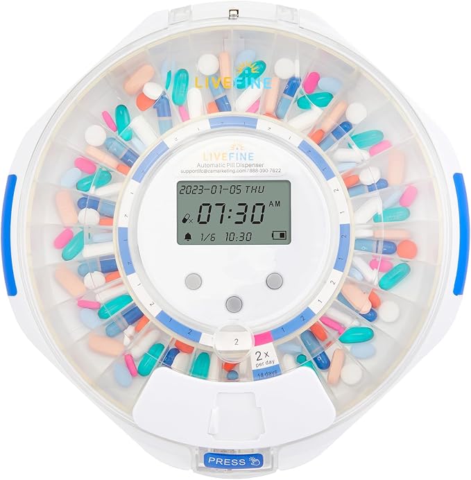 LiveFine Automatic Pill Dispenser with 28-Day Electronic Medication Organizer, 6 Dosage Rings, LCD Display with Sound & Light Alerts, Key & Magnifying Glass for Prescriptions, Vitamins & Supplements