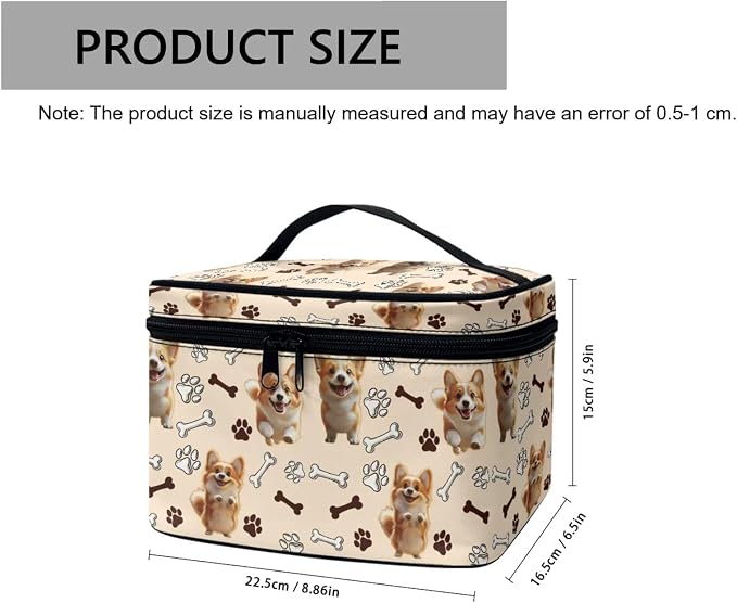 Cartoon Corgi Dogs Travel Makeup Bag for Women, Kawaii Puppy Paws Large Capacity Makeup Bag Zipper Multi-function Cosmetic Travel Bag, Brown