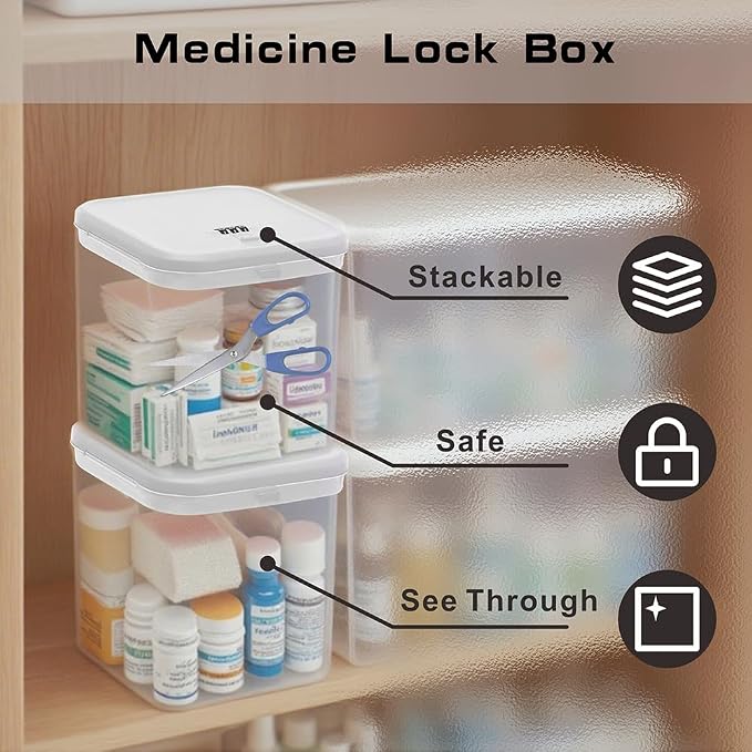 Clear Lockable Storage Box for Medicine Safe,Food Jar,Snacks,Phone - Secure Lock Box Refrigeator Container Bin Store Tank with Combination for Kitchen,Home,Office,Hospital (5.6×5.6×6.3 In) (White)