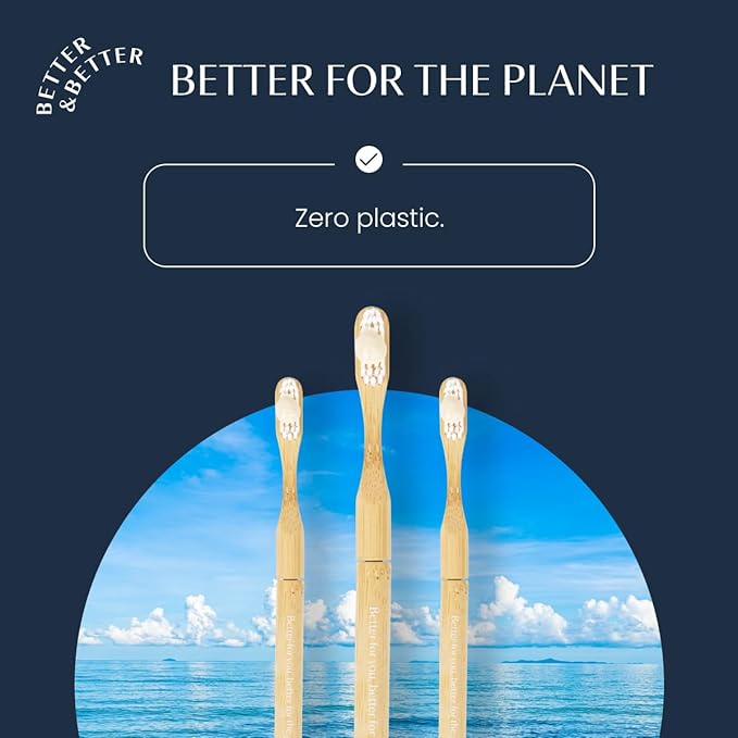 Better & Better Natural Bamboo Toothbrush | Soft Bristles | 100% Plant-Based | Reusable Handle and Replaceable Brush Head | Eco-Friendly, Zero Plastic | Adult Size, Blue