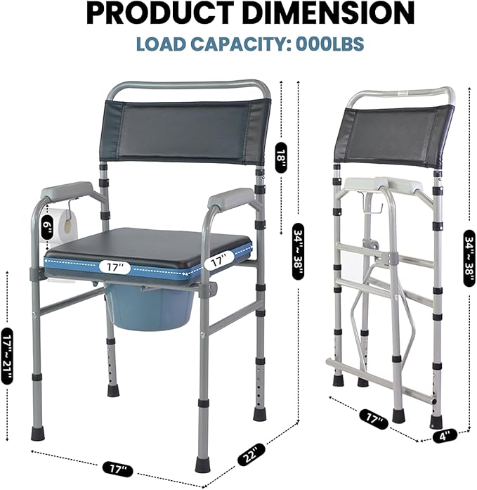 Folding Bedside Commode, Height Adjustable Toliet Chair for Seniors with Padded Seat and Arms, Portable Potty Shower Chair for Elderly Handicap Adult