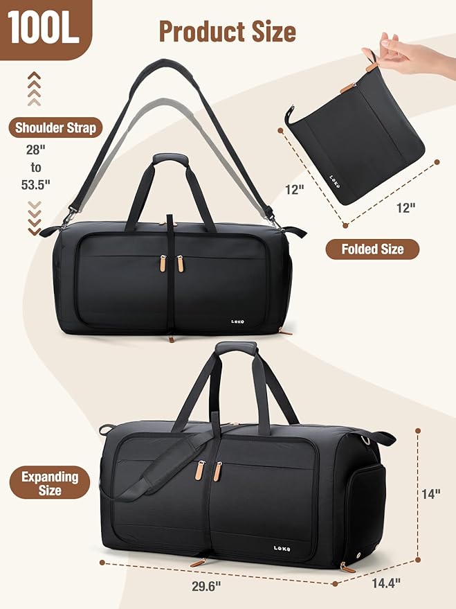 Lekesky Foldable Travel Duffle Bag for Women, 100L Large Duffel Bag with Separate Shoes Compartments & Straps, Carry On Weekend Bag for Women, Hospital, Overnight (Black)