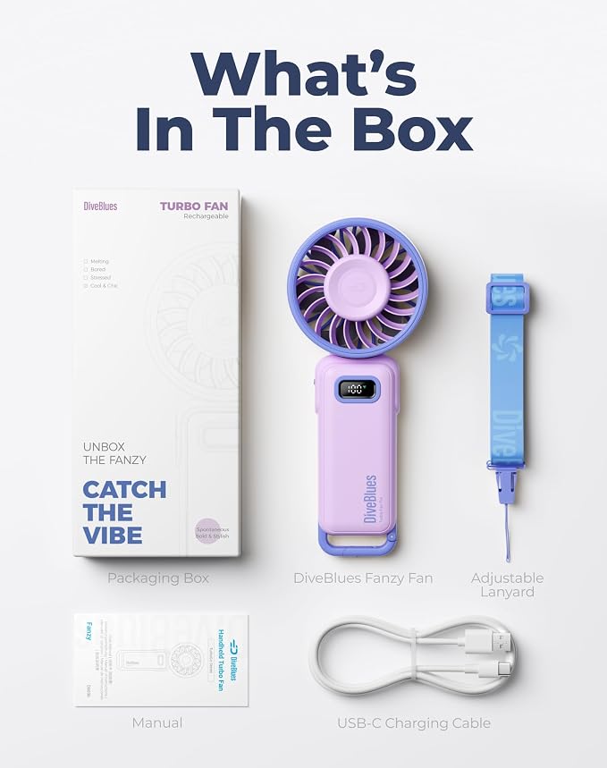 Diveblues Portable Turbo Fan, Purple Personal Neck Fan, Small Travel Fan | 7.4m/s High Speed, 180° Foldable 4-in-1, 100 Speed Stepless Control, USB-C Rechargeable