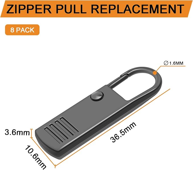 CooBigo 8 Pack GunBlack Metal Zipper Pulls - Replacement for Luggage, Backpack, Zipper Repair
