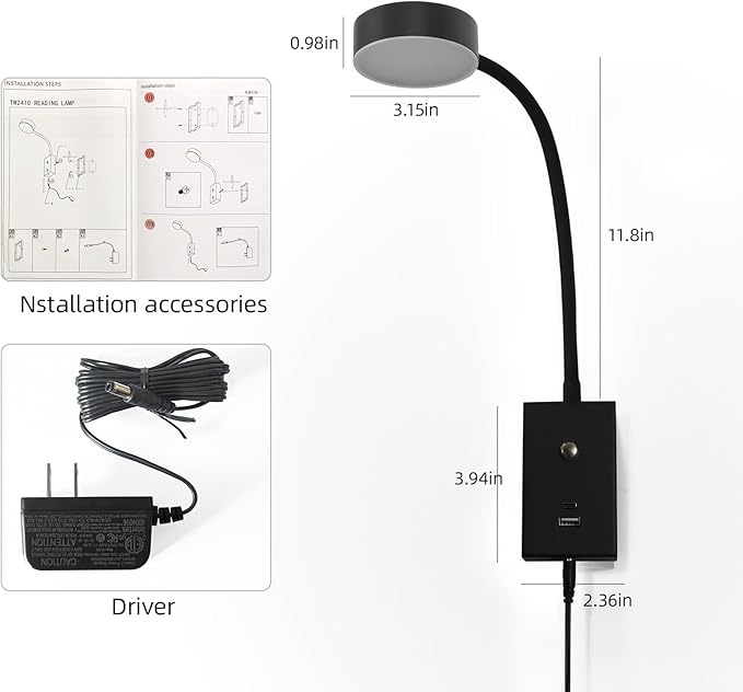 LED Wall Mounted Reading Light for Bed 2Pack, Flexible Gooseneck Book Light for Wall Bedside Lamp with USB-A/C Output,Touch Control 5 Dimmable Headboard Bed Lights