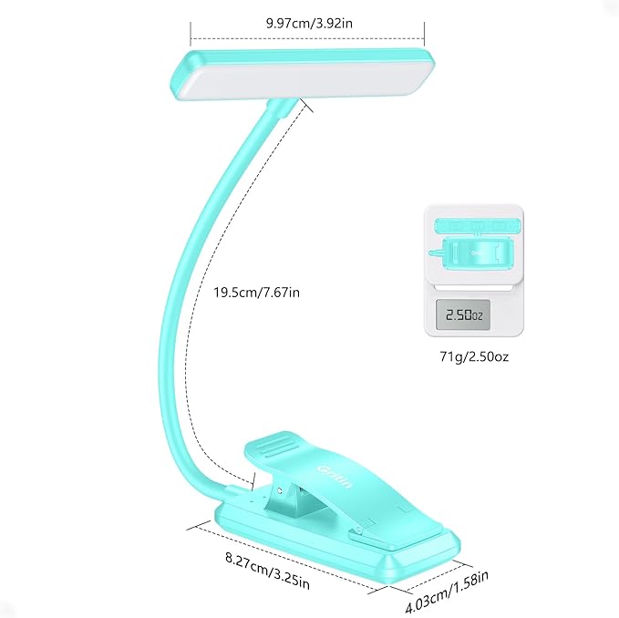 Gritin 19 LED Rechargeable Book Light for Reading in Bed with Memory Function- Eye Caring 3 Color Temperatures,Stepless Dimming Brightness,80 Hrs Runtime Clip on Light for Book Lovers-Blue