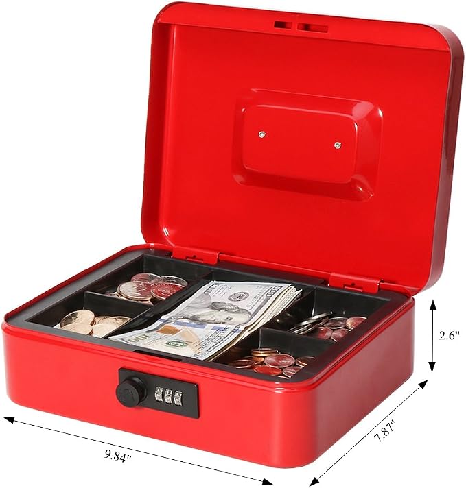 Jssmst Large Cash Box with Combination Lock – Durable Metal Cash Box with Money Tray Red(9.8 x 7.9 x 3.5), SM-CB07003L