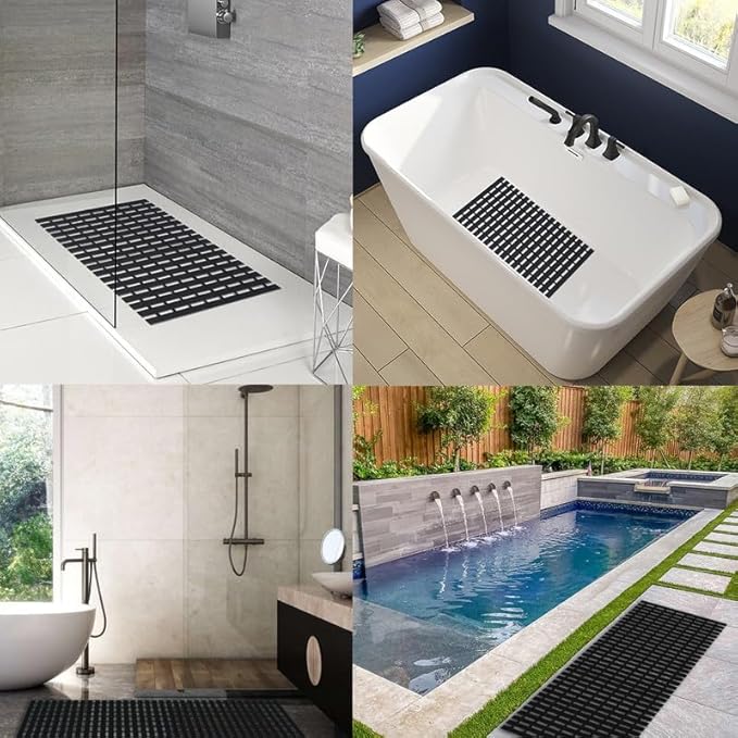 Bath Mat Non Slip Shower Mat Bathtub with Drain Holes and Heavy Duty Rubber No Suction Cups Sturdy Shower Stall Tub Mat for Bathroom, Shower Floor, Pool, SPA, (Black, 2FT X 36FT)