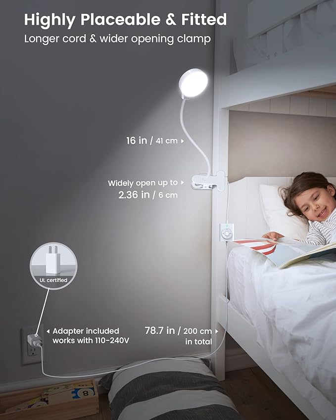 Glocusent 5W 36 LED Reading Clip on Light for Bed, Eye Caring Bed Lamp, 3 Colors & 5 Brightness Levels for Headboard with Adapter, Perfect for Reading, Working & Studying (White)